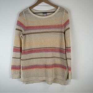 NWT Chico's Open Weave Striped Long Sleeve Sweater Size 1 (M) Tan Pink